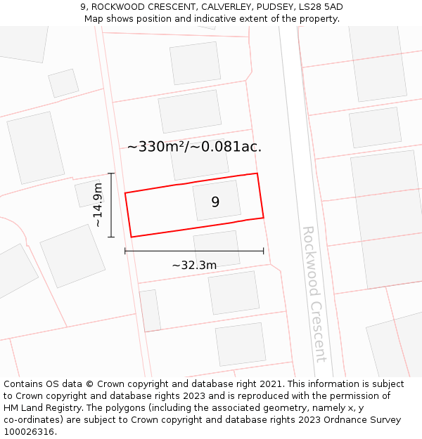 9, ROCKWOOD CRESCENT, CALVERLEY, PUDSEY, LS28 5AD: Plot and title map