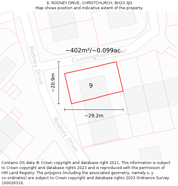 9, RODNEY DRIVE, CHRISTCHURCH, BH23 3JG: Plot and title map