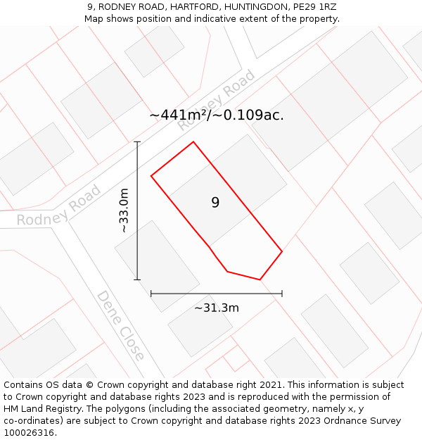 9, RODNEY ROAD, HARTFORD, HUNTINGDON, PE29 1RZ: Plot and title map