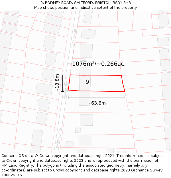 9, RODNEY ROAD, SALTFORD, BRISTOL, BS31 3HR: Plot and title map