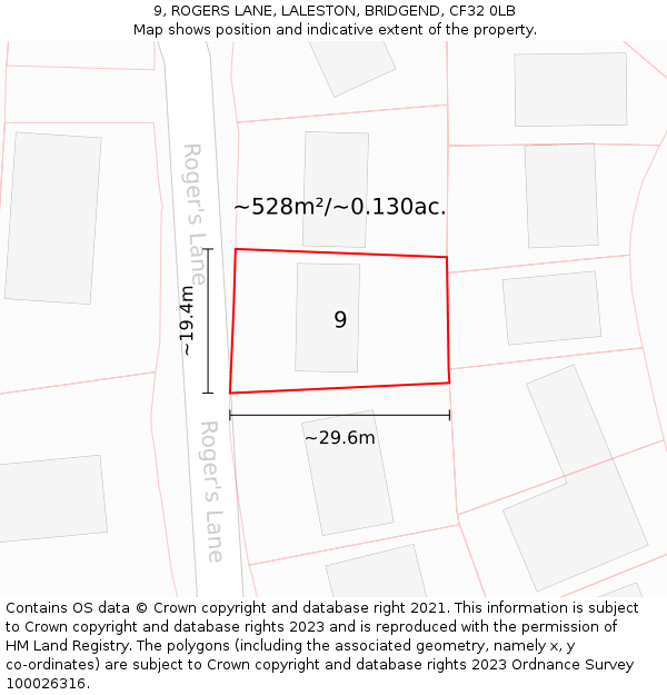 9, ROGERS LANE, LALESTON, BRIDGEND, CF32 0LB: Plot and title map