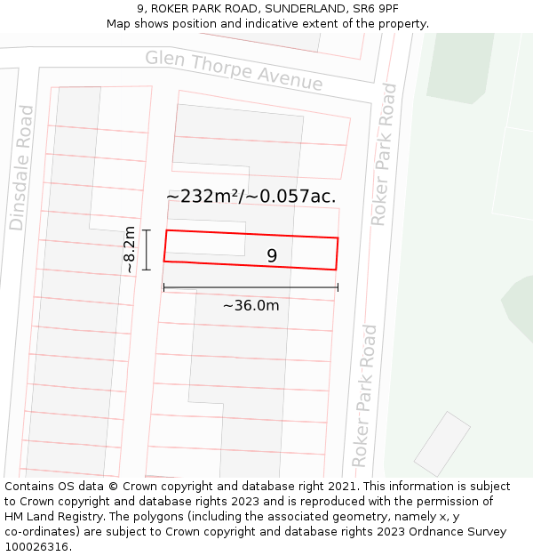 9, ROKER PARK ROAD, SUNDERLAND, SR6 9PF: Plot and title map