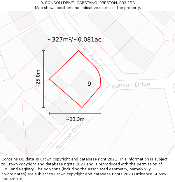 9, RONSON DRIVE, GARSTANG, PRESTON, PR3 1BD: Plot and title map