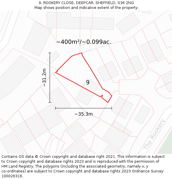 9, ROOKERY CLOSE, DEEPCAR, SHEFFIELD, S36 2NG: Plot and title map