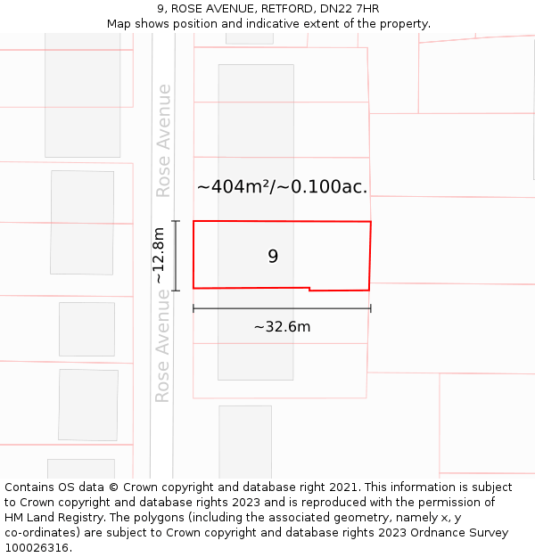 9, ROSE AVENUE, RETFORD, DN22 7HR: Plot and title map