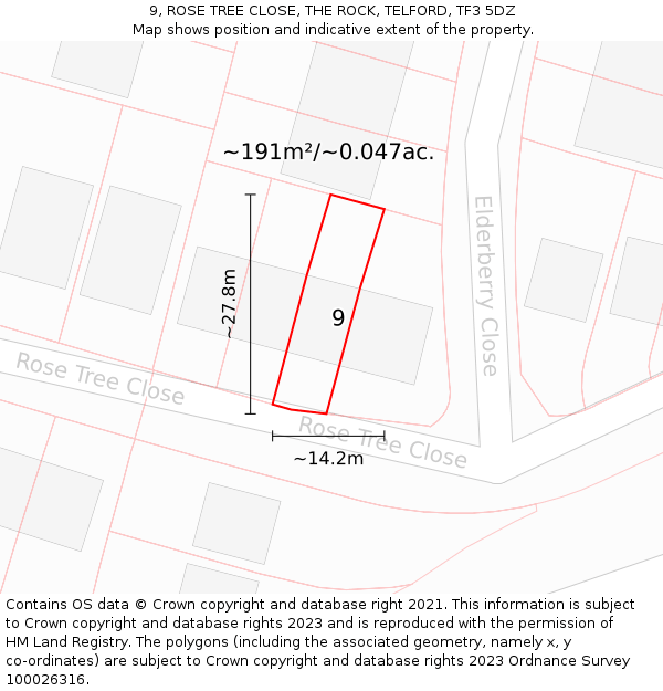 9, ROSE TREE CLOSE, THE ROCK, TELFORD, TF3 5DZ: Plot and title map