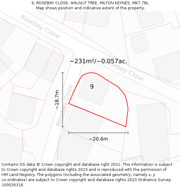 9, ROSEBAY CLOSE, WALNUT TREE, MILTON KEYNES, MK7 7BL: Plot and title map