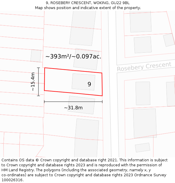 9, ROSEBERY CRESCENT, WOKING, GU22 9BL: Plot and title map
