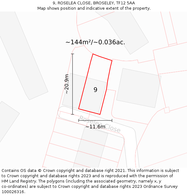 9, ROSELEA CLOSE, BROSELEY, TF12 5AA: Plot and title map