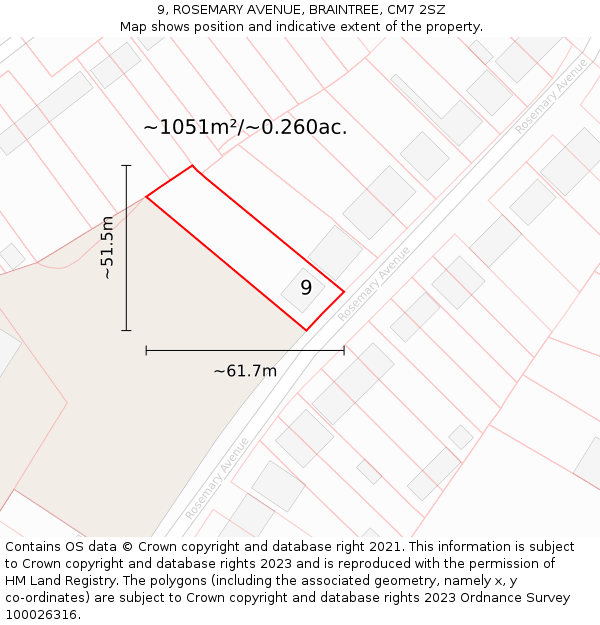 9, ROSEMARY AVENUE, BRAINTREE, CM7 2SZ: Plot and title map