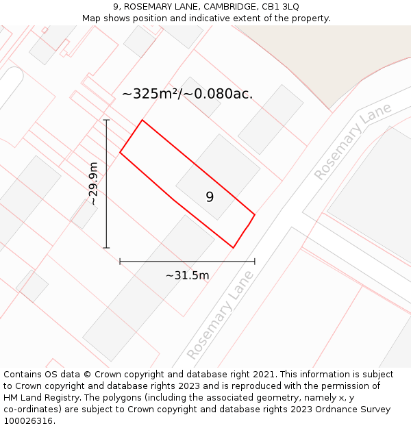 9, ROSEMARY LANE, CAMBRIDGE, CB1 3LQ: Plot and title map