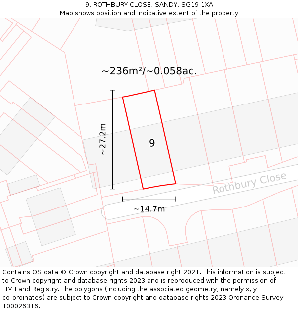 9, ROTHBURY CLOSE, SANDY, SG19 1XA: Plot and title map