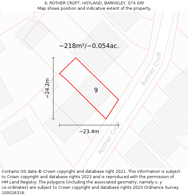 9, ROTHER CROFT, HOYLAND, BARNSLEY, S74 0AF: Plot and title map