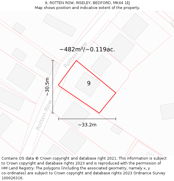 9, ROTTEN ROW, RISELEY, BEDFORD, MK44 1EJ: Plot and title map