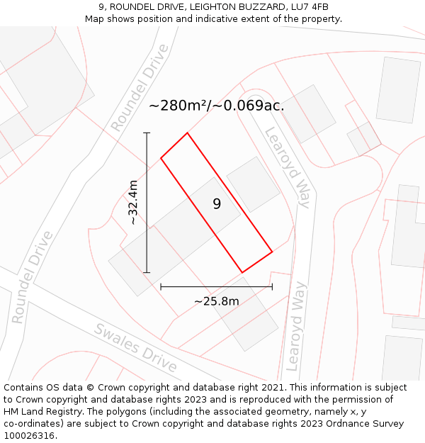 9, ROUNDEL DRIVE, LEIGHTON BUZZARD, LU7 4FB: Plot and title map
