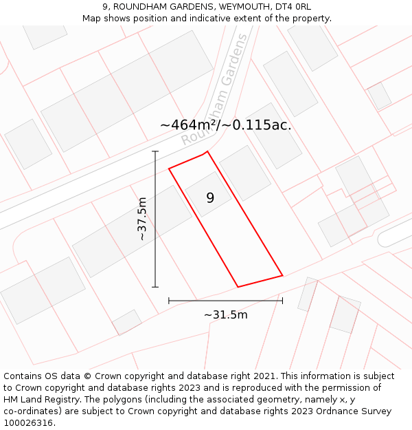 9, ROUNDHAM GARDENS, WEYMOUTH, DT4 0RL: Plot and title map