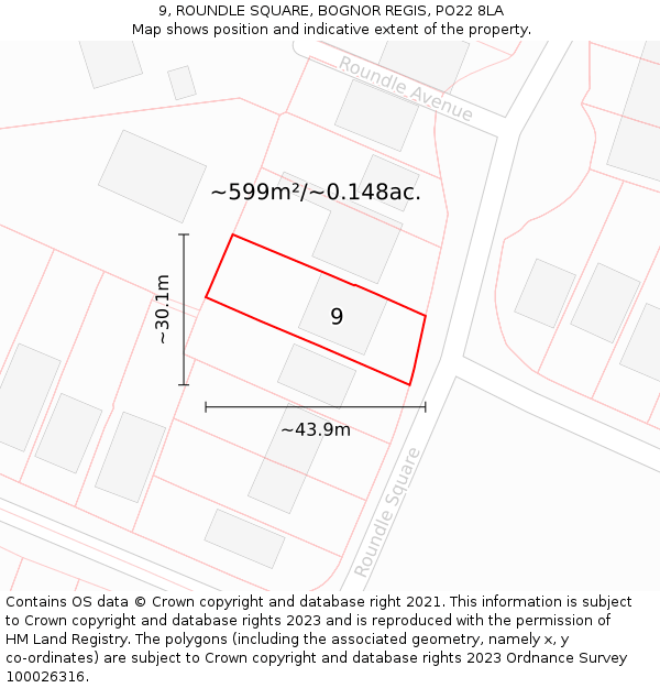 9, ROUNDLE SQUARE, BOGNOR REGIS, PO22 8LA: Plot and title map