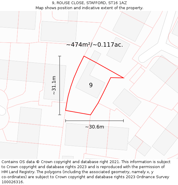 9, ROUSE CLOSE, STAFFORD, ST16 1AZ: Plot and title map