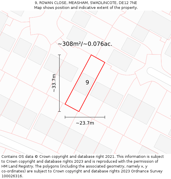 9, ROWAN CLOSE, MEASHAM, SWADLINCOTE, DE12 7NE: Plot and title map