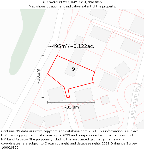 9, ROWAN CLOSE, RAYLEIGH, SS6 9GQ: Plot and title map