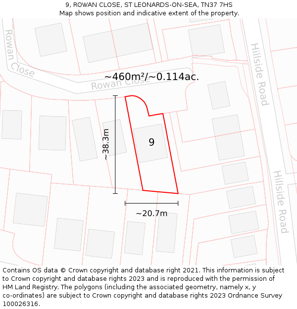 9, ROWAN CLOSE, ST LEONARDS-ON-SEA, TN37 7HS: Plot and title map