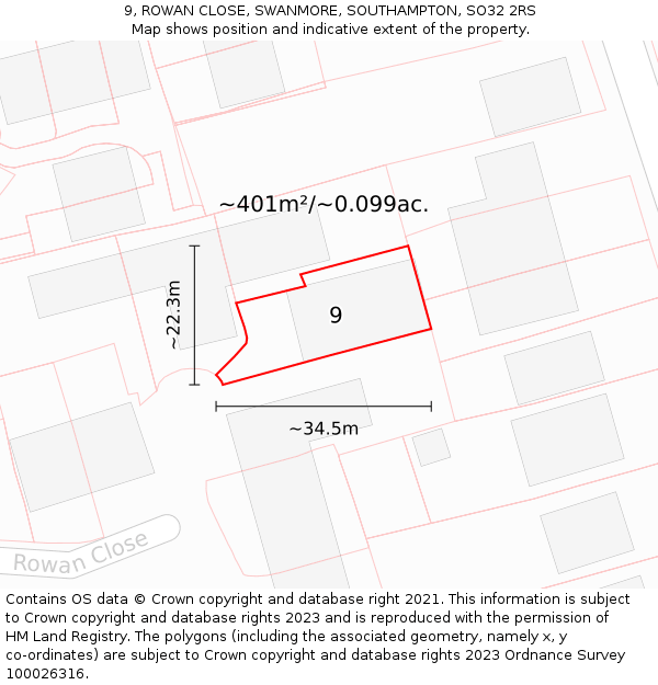 9, ROWAN CLOSE, SWANMORE, SOUTHAMPTON, SO32 2RS: Plot and title map
