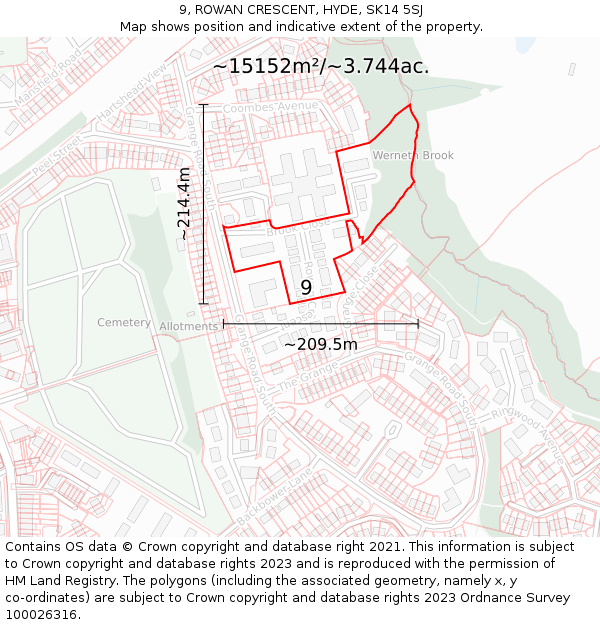 9, ROWAN CRESCENT, HYDE, SK14 5SJ: Plot and title map