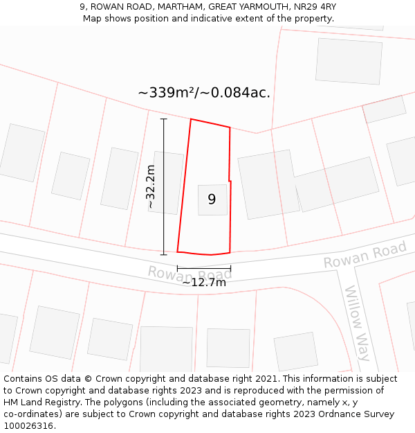 9, ROWAN ROAD, MARTHAM, GREAT YARMOUTH, NR29 4RY: Plot and title map
