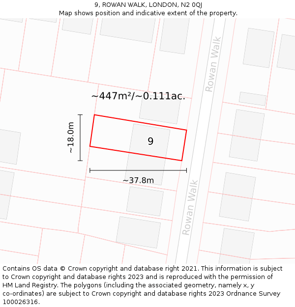 9, ROWAN WALK, LONDON, N2 0QJ: Plot and title map