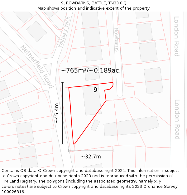 9, ROWBARNS, BATTLE, TN33 0JQ: Plot and title map