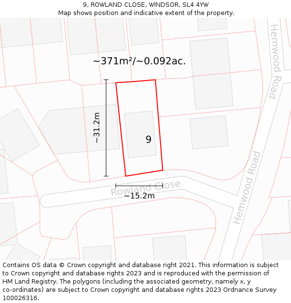 9, ROWLAND CLOSE, WINDSOR, SL4 4YW: Plot and title map