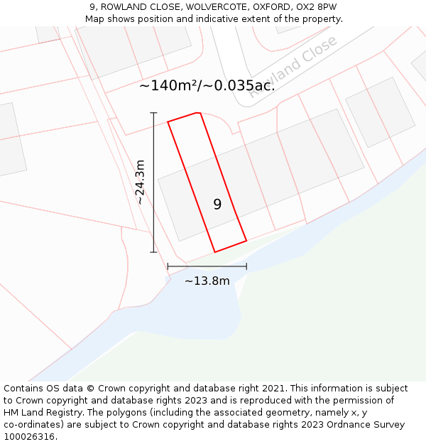 9, ROWLAND CLOSE, WOLVERCOTE, OXFORD, OX2 8PW: Plot and title map