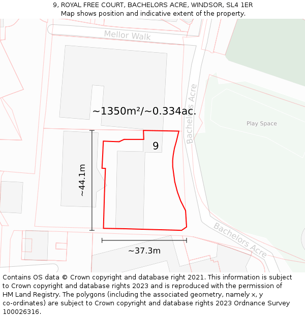 9, ROYAL FREE COURT, BACHELORS ACRE, WINDSOR, SL4 1ER: Plot and title map