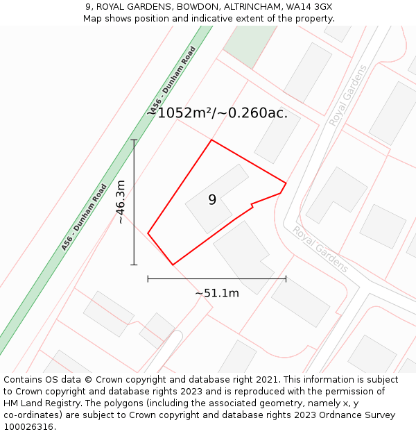 9, ROYAL GARDENS, BOWDON, ALTRINCHAM, WA14 3GX: Plot and title map