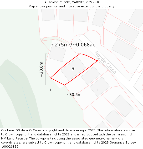 9, ROYDE CLOSE, CARDIFF, CF5 4UP: Plot and title map