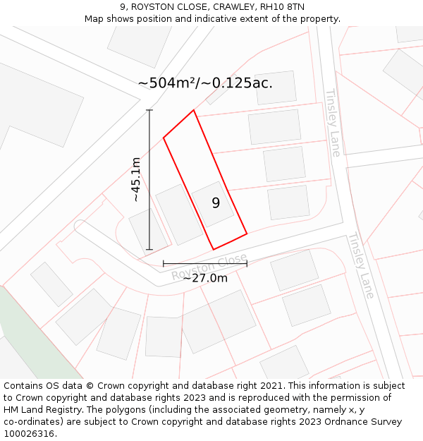 9, ROYSTON CLOSE, CRAWLEY, RH10 8TN: Plot and title map