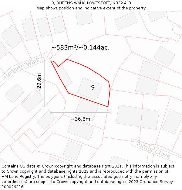 9, RUBENS WALK, LOWESTOFT, NR32 4LR: Plot and title map