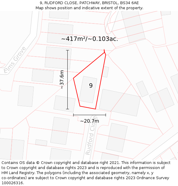 9, RUDFORD CLOSE, PATCHWAY, BRISTOL, BS34 6AE: Plot and title map