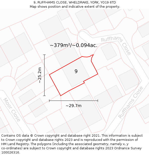 9, RUFFHAMS CLOSE, WHELDRAKE, YORK, YO19 6TD: Plot and title map