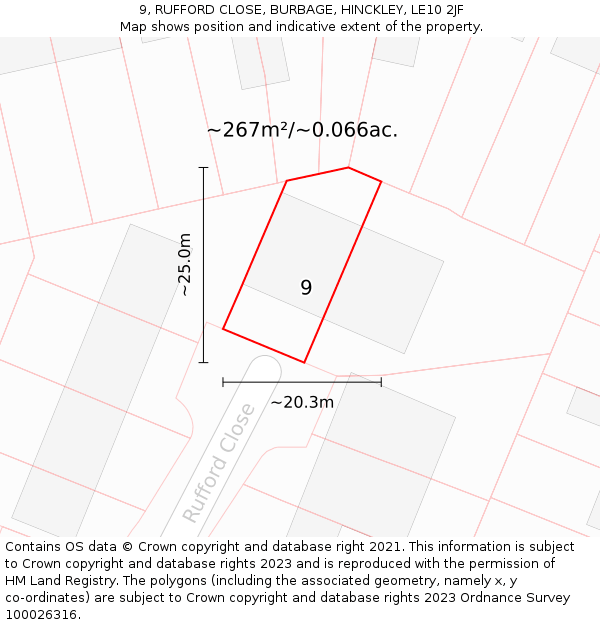 9, RUFFORD CLOSE, BURBAGE, HINCKLEY, LE10 2JF: Plot and title map