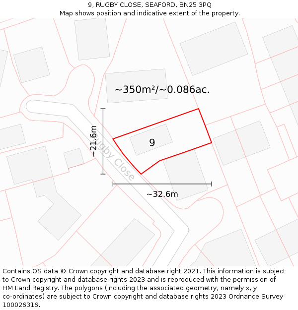 9, RUGBY CLOSE, SEAFORD, BN25 3PQ: Plot and title map