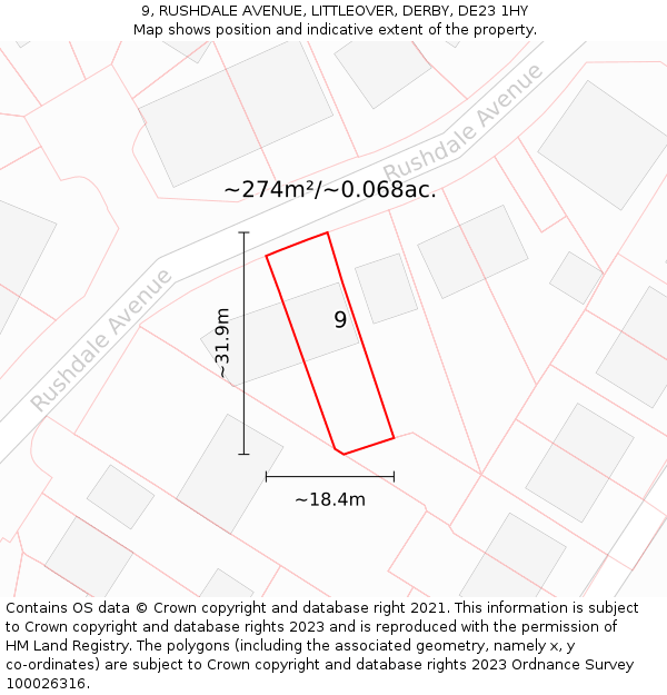 9, RUSHDALE AVENUE, LITTLEOVER, DERBY, DE23 1HY: Plot and title map