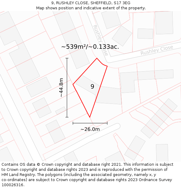 9, RUSHLEY CLOSE, SHEFFIELD, S17 3EG: Plot and title map