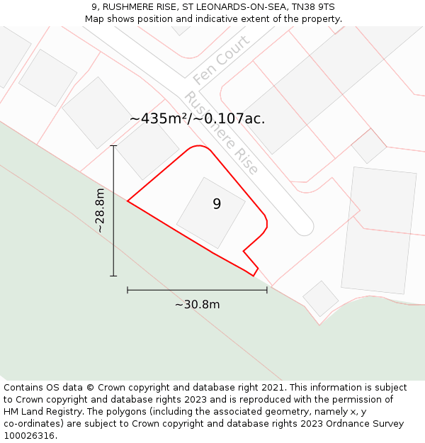 9, RUSHMERE RISE, ST LEONARDS-ON-SEA, TN38 9TS: Plot and title map
