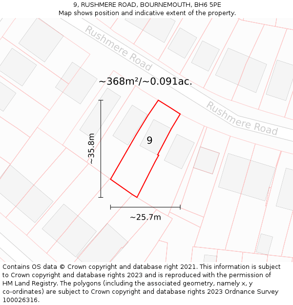 9, RUSHMERE ROAD, BOURNEMOUTH, BH6 5PE: Plot and title map