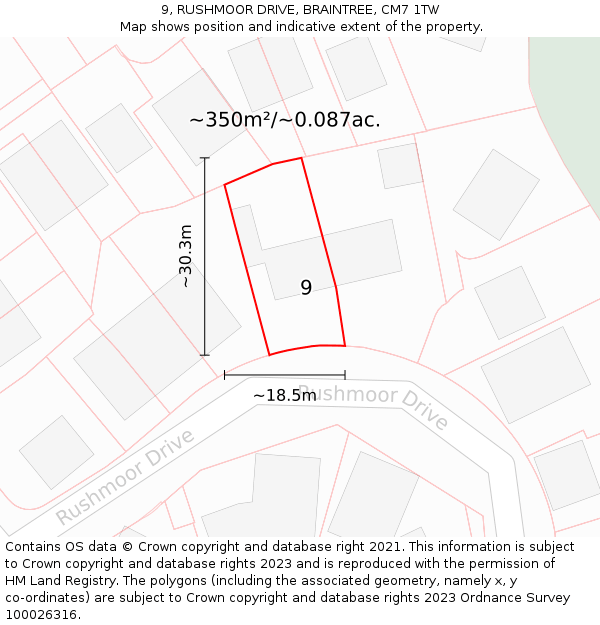 9, RUSHMOOR DRIVE, BRAINTREE, CM7 1TW: Plot and title map