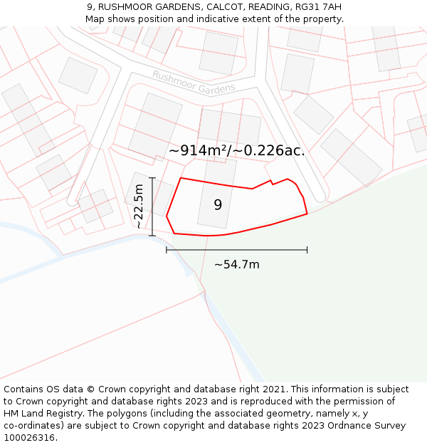 9, RUSHMOOR GARDENS, CALCOT, READING, RG31 7AH: Plot and title map
