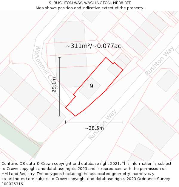 9, RUSHTON WAY, WASHINGTON, NE38 8FF: Plot and title map