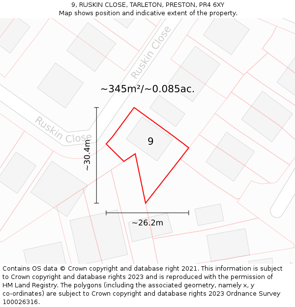 9, RUSKIN CLOSE, TARLETON, PRESTON, PR4 6XY: Plot and title map