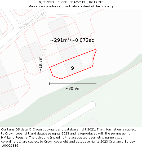 9, RUSSELL CLOSE, BRACKNELL, RG12 7FE: Plot and title map
